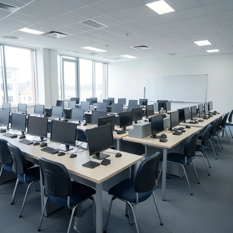 Salle d&rsquo;examen équipée de postes informatiques individuels pour une épreuve à choix multiples