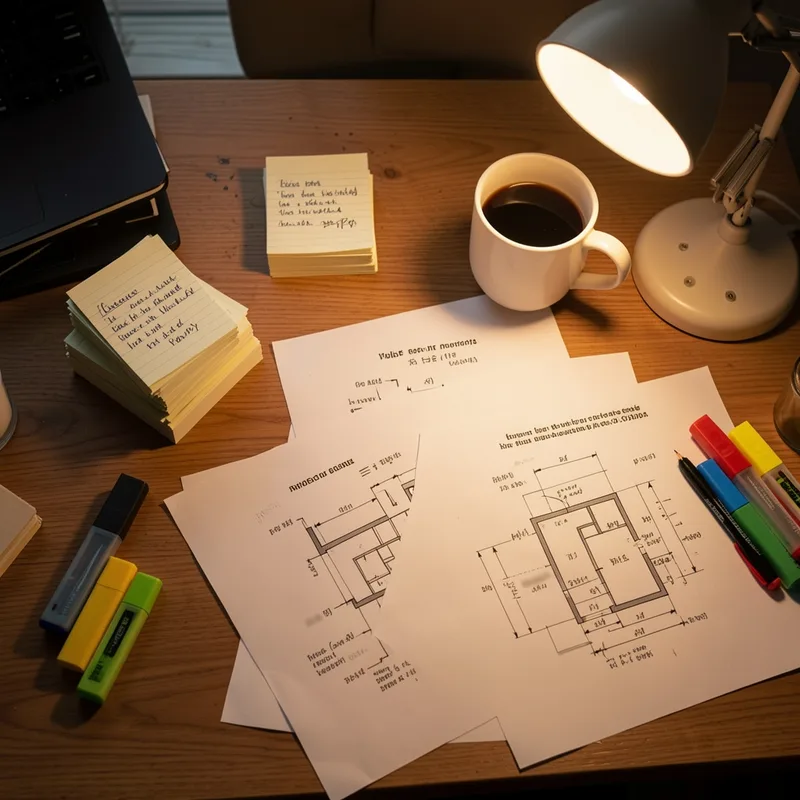 Fiches de révision et schémas techniques de sécurité incendie étalés sur une table de travail