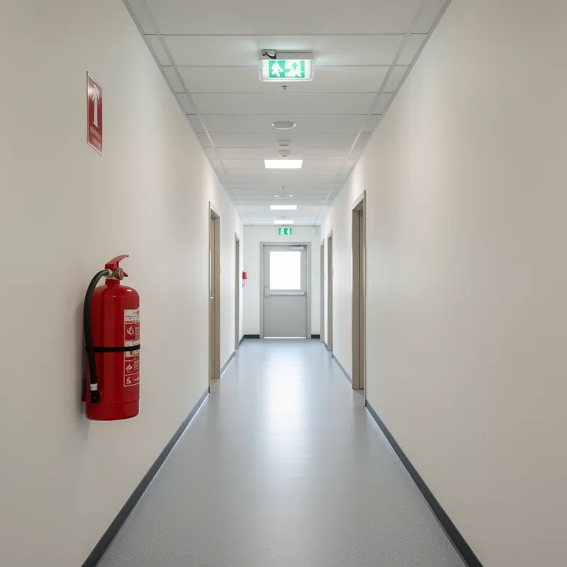 Ronde de vérification dans un couloir d&rsquo;établissement recevant du public, issue de secours et extincteur signalés