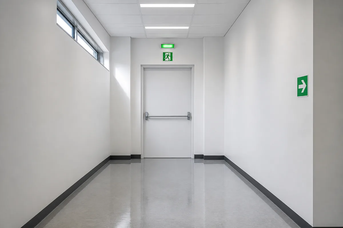 Signalétique d’évacuation et issue de secours dégagée dans un couloir d’établissement recevant du public