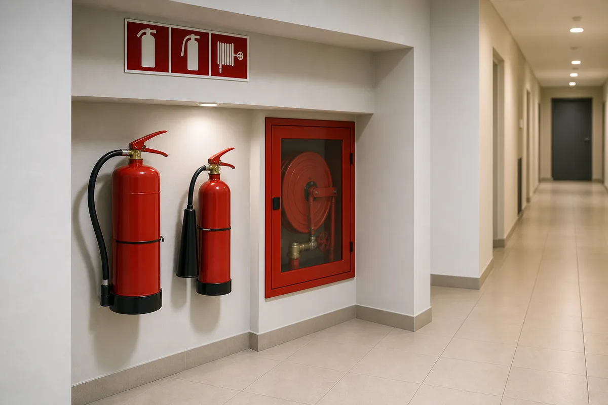 Extincteurs et robinet d’incendie armé signalés le long d’une circulation intérieure