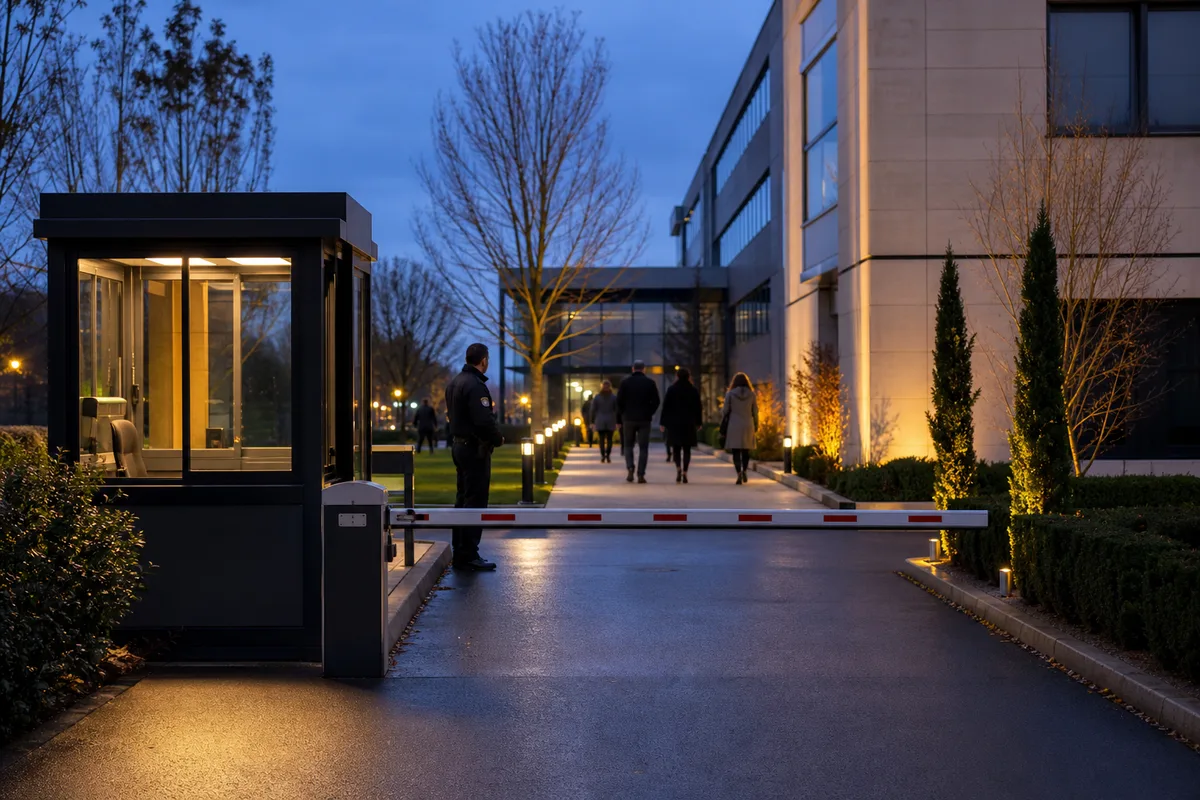 Agent de sécurité accueillant les invités à l&rsquo;entrée d&rsquo;une salle de réception