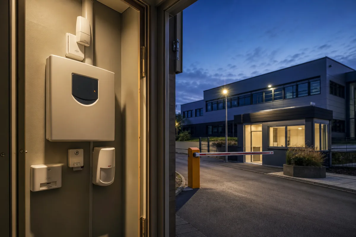 Centrale d&rsquo;alarme et détecteurs installés dans le local technique d&rsquo;une entreprise