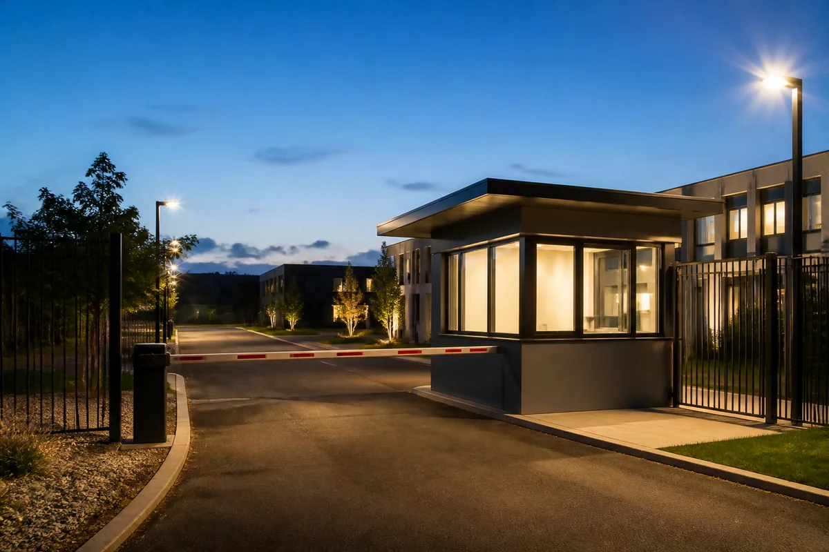 Poste de garde équipé d'écrans de contrôle affichant les vues d'un site sous surveillance
