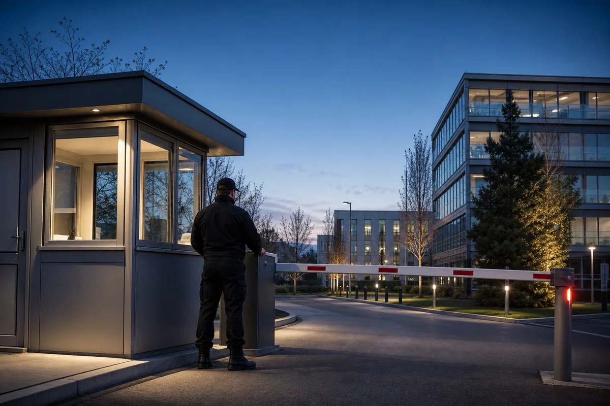 Agent de sécurité privée contrôlant l&rsquo;accès d&rsquo;un site tertiaire depuis un poste de garde