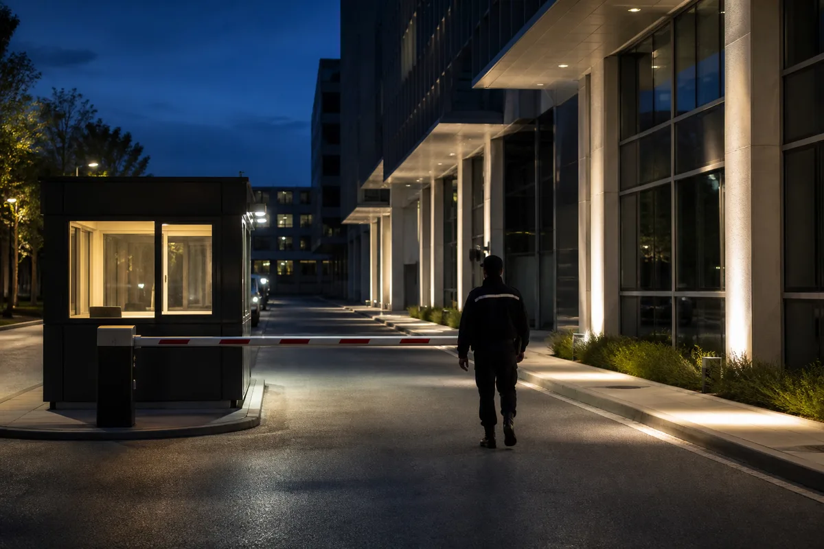 Agent de sécurité parcourant de nuit le couloir technique d’un bâtiment professionnel