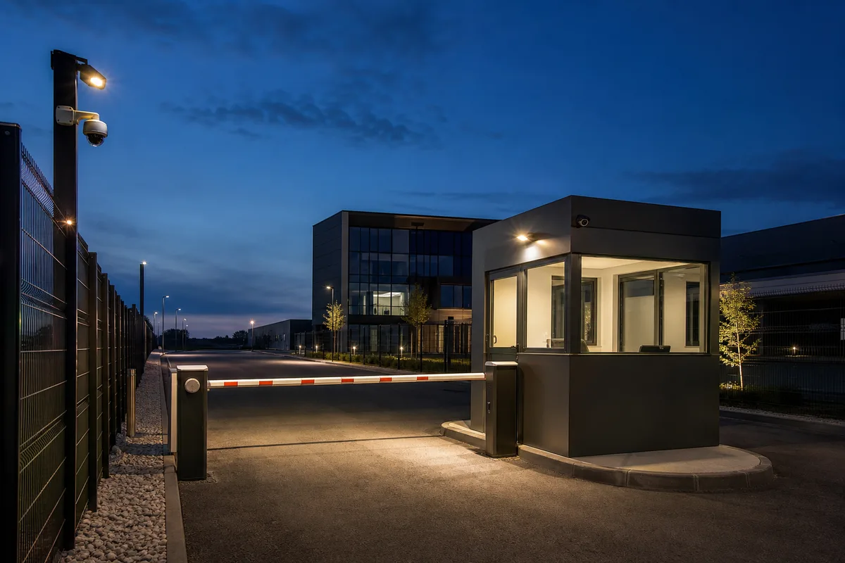 Clôture périmétrique et voie de circulation d&rsquo;un site industriel surveillé de nuit