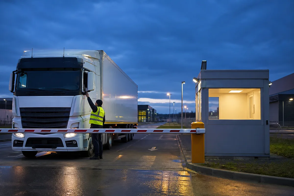 Contrôle d&rsquo;un poids lourd à l&rsquo;entrée d&rsquo;un site logistique par un agent de sécurité